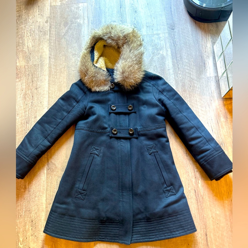 Marc Jacobs Navy Winter Peacoat with Fur-Lined Hood - Size Large